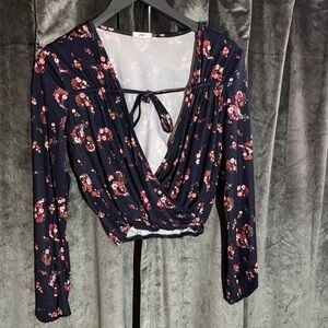 Ardene Navy Floral Blouse with Pink Accents